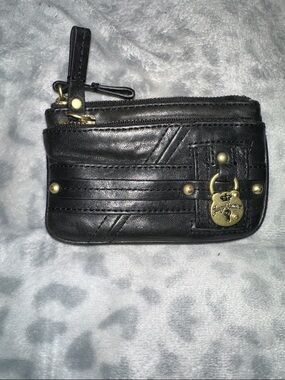 Juicy Couture Black Leather Zip Coin Pouch with Gold Padlock Charm